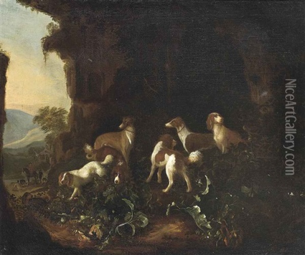 Hounds In A Rocky Landscape, A Horseman Beyond Oil Painting - Adriaen Cornelisz Beeldemaker