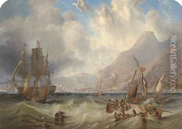 A large Second Rate passing through local small craft off Gibraltar 1858 Oil Painting - James Wilson Carmichael
