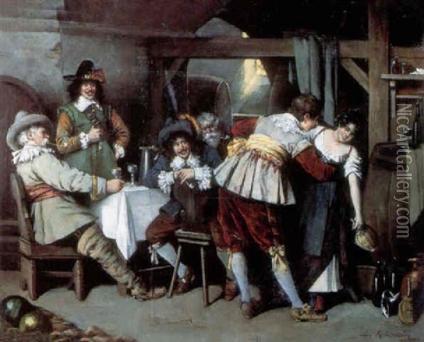 Cavaliers Merrymaking In A Tavern Interior Oil Painting - Lajos Koloszvary