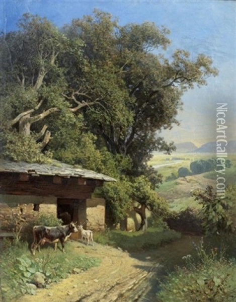 Landschaft Mit Stall Und Weg Oil Painting - Sebastian Habenschaden
