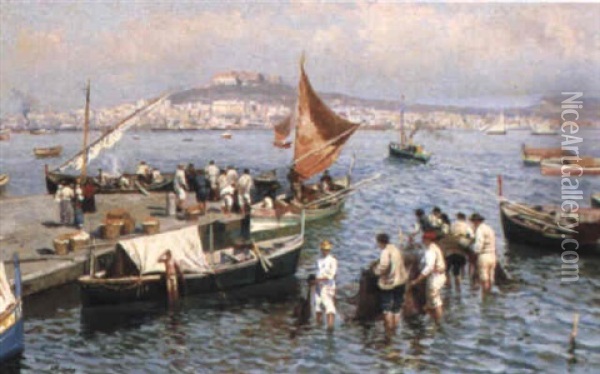 Fishermen With Their Nets In The Bay Of Naples Oil Painting - Attilio Pratella