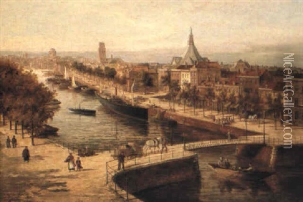 View Of Rotterdam With The Boompjies Canal And St. Laurent's Church Oil Painting - William Raymond Dommersen