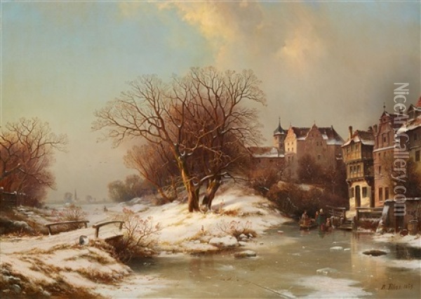 Winter Landscape With A City View Oil Painting - Bernhard Peters