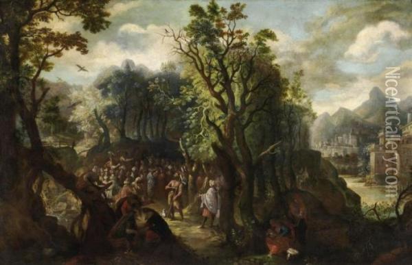 John The Baptist Preaching In The Woods Oil Painting - Gillis van Coninxloo