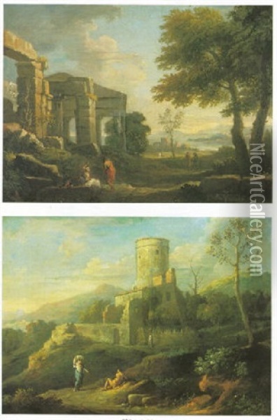 Italianate Rocky Landscape With Ruins And Travelers Oil Painting - Jan Frans van Bloemen