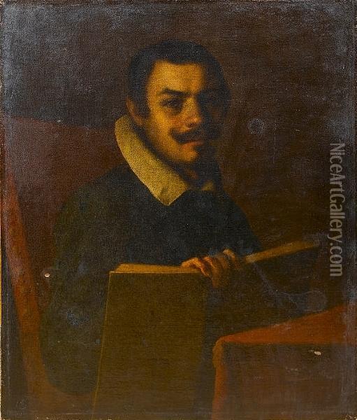 Portrait Of A Gentleman, Half-length, Seated At A Draped Table And Holding A Book Oil Painting - Annibale Carracci