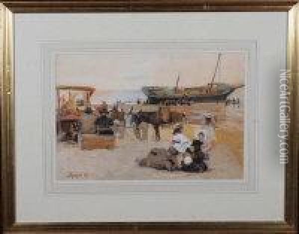 Seaside Donkeys Tethered Near A Bucket-and-spade Stall With Abeached Sailing Ship Nearby Oil Painting - John Atkinson