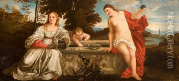 Himmlische Und Irdische Liebe (heavenly And Earthly Love) Oil Painting - Tiziano Vecellio (Titian)