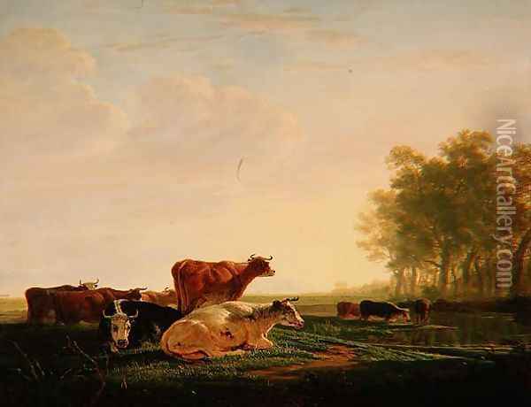 Cattle in a Landscape Oil Painting - Jacob Van Stry