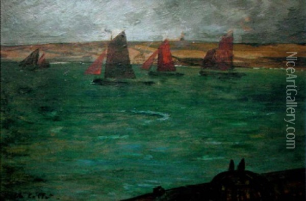 Barques De Peche Sous Voiles Pres De Camaret Oil Painting - Charles Cottet