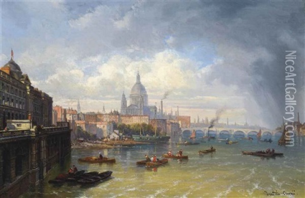 The Thames With Somerset House And St. Paul's Cathedral Beyond Oil Painting - Pierre Justin Ouvrie