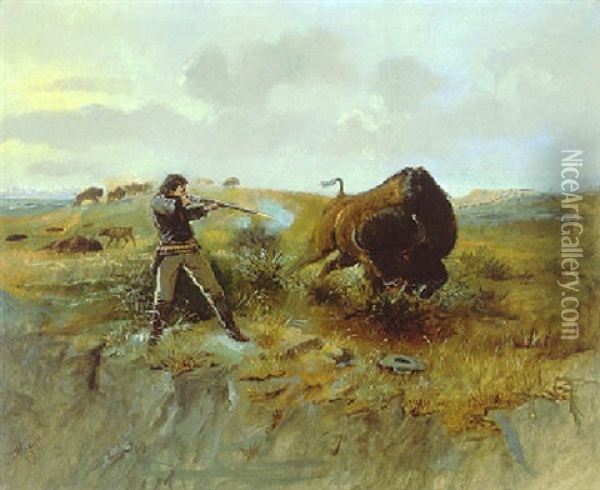 Shooting The Buffalo Oil Painting - Charles Marion Russell