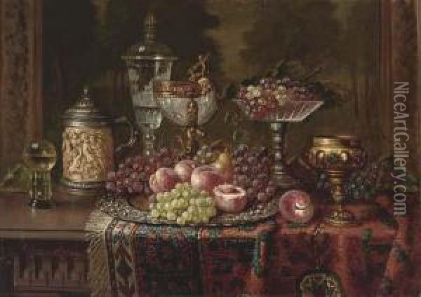 A Salver Of Fruit And Various Vessels On A Draped Table Oil Painting - Ernst Czernotzky