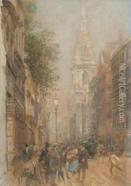 A Busy Street In The City Of London. Oil Painting - Henry Edward Tidmarsh