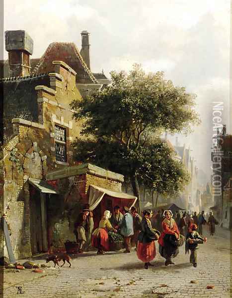 View of a street with busy market Oil Painting - Adrianus Eversen