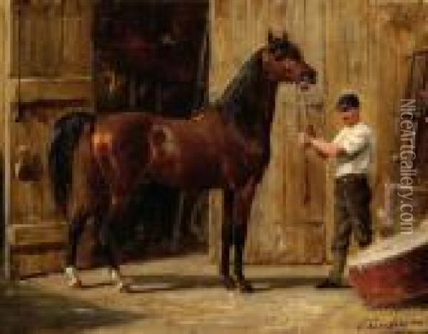 Portrait Of A Horse In Front Of A Stable Oil Painting - Otto Eerelman