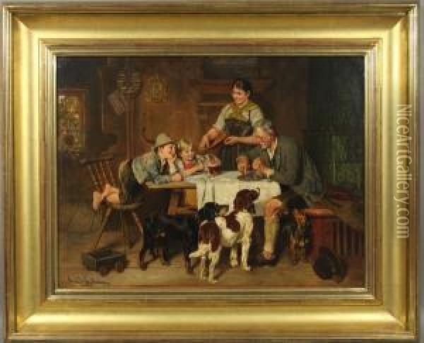 Outstanding Interior Scene With Family,children, Three Dogs Oil Painting - Adolf Eberle
