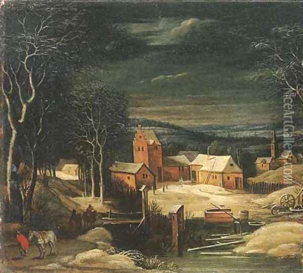 A winter river landscape with travellers on a track, a village beyond Oil Painting - Josse de Momper