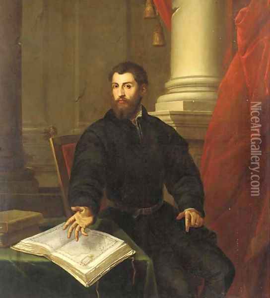Portrait of a gentleman, three-quarter-length, in a black coat, seated at a table with an open atlas Oil Painting - Tiziano Vecellio (Titian)