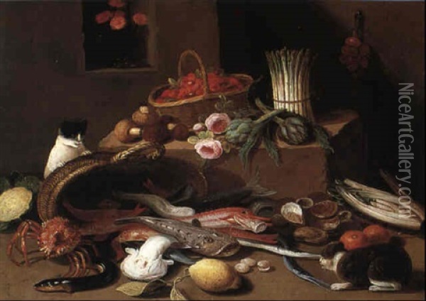 Still Life Of Fish, Vegetables, Strawberries And A Cat On A Ledge Oil Painting - Jan van Kessel the Younger