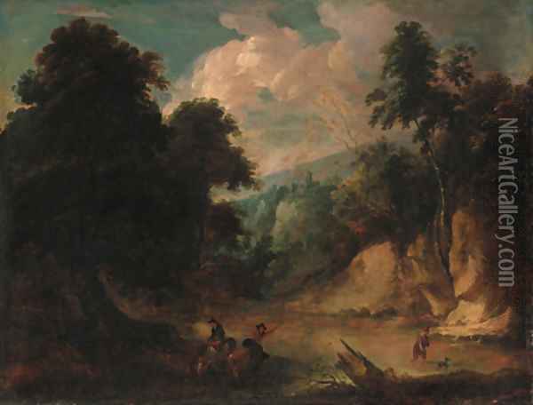 A rocky river landscape with a fisherman and a drover watering cattle Oil Painting - Jacques d' Arthois
