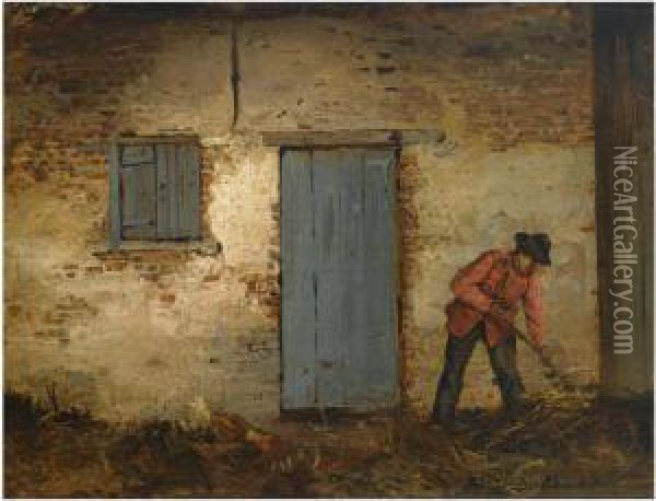 A Peasant At Work In Front Of A Farmhouse Oil Painting - Henri De Braeckeleer