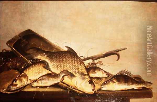 A Still Life of Perch and Pike Oil Painting - Pieter de Putter