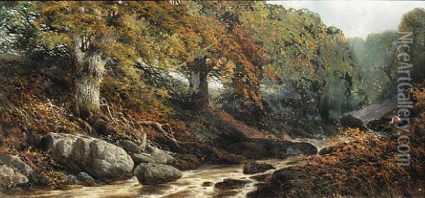 Where The Trout Lie - A Brook Near Riverdart Oil Painting - William E. Jones