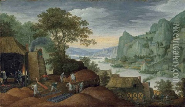 A Rocky Landscape With Figures By An Iron Foundry, A River And Houses On The Bank Beyond Oil Painting - Marten Ryckaert