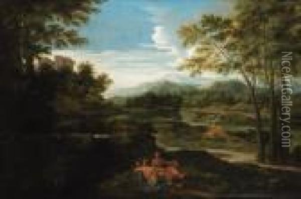 A Classical River Landscape With Nymphs Resting By A Pool Oil Painting - Nicolas Poussin