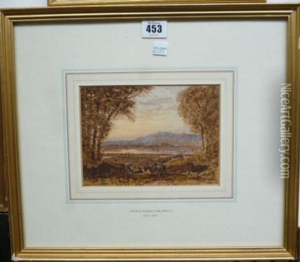 Travellers And Horses In An Extensive Landscape Oil Painting - George Jnr Barrett