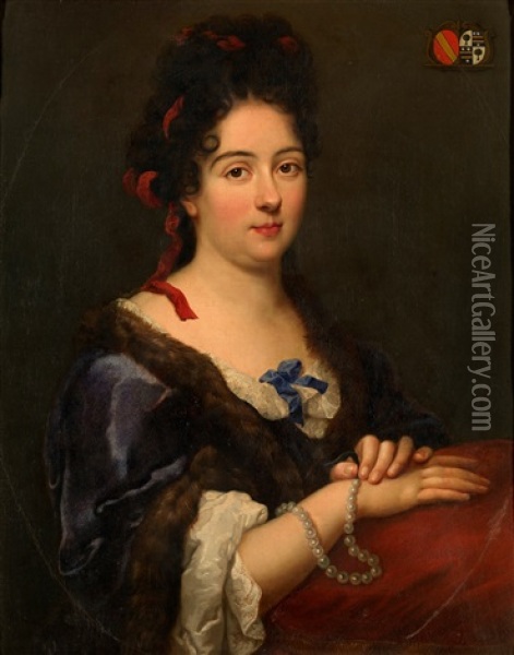 Portrait Of A Lady, In A Blue Satin Dress With Fur Trimmings Holding A Necklace Oil Painting - Alexis-Simon Belle