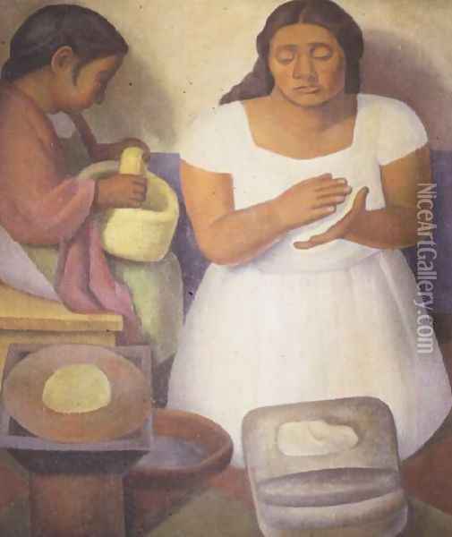 Making Tortillas 1926 Oil Painting - Diego Rivera