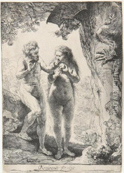 Adam And Eve (bartsch, Hollstein 28; Hind 159; Biorklund 38-d) Oil Painting - Rembrandt Van Rijn