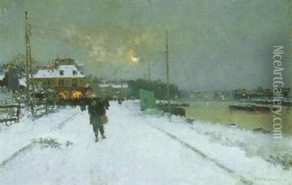 A Snowy Scene At Suresnes Oil Painting - Luigi Loir