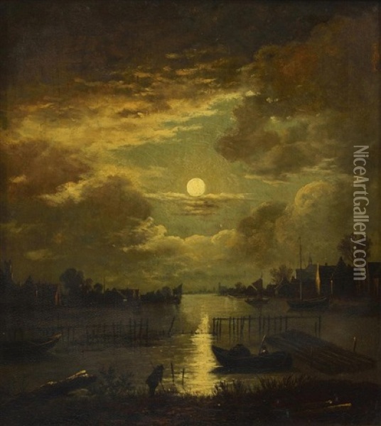 Paysage Fluvial Sous La Pleine Lune Avec Homme Sur Les Berges Et Personnage Dans Une Barque Oil Painting - Aert van der Neer