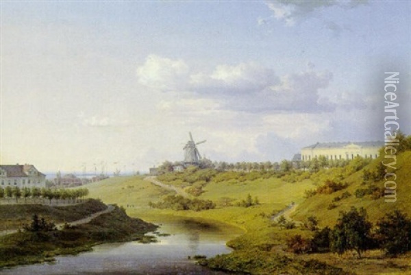 Landskab Med Molle I Baggrunden Fjord, Fra Augustenborg Oil Painting - Andreas Thomas Juuel