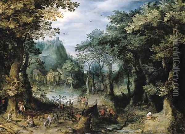 Woodcutters working beside a forest path near a river Oil Painting - Gillis van Coninxloo