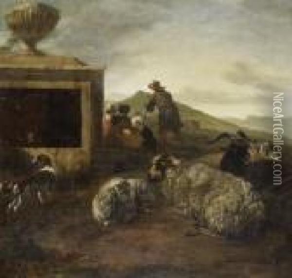 Sudliche Landschaft Mit Rastenden
 Hirten Und Herde. Oil Painting - Jan Baptist Weenix