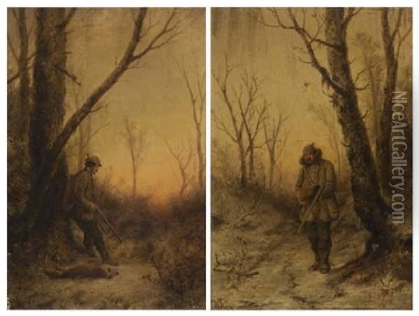 Man Leaning On A Tree And Man With A Rifle (pair) Oil Painting - Willibald Wex