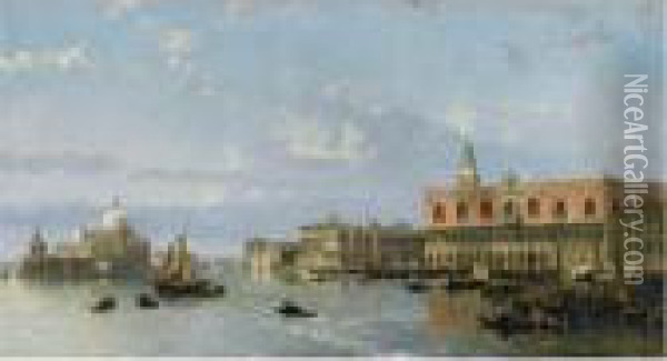 View Of The Doge's Palace And 
The Piazzetta, Venice, With Santa Maria Della Salute To The Left Oil Painting - David Roberts