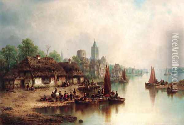 A bustling harbour town Oil Painting - Ludwig Hermann