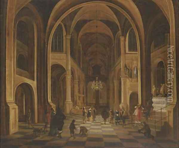 The interior of a church at night, with elegant figures in the foreground Oil Painting - Anthonie De Lorme