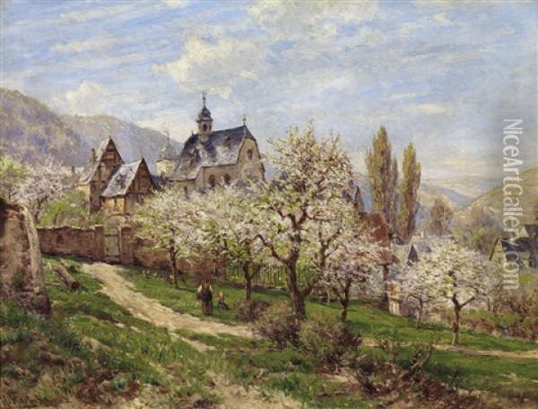Kirschblute Bei Einem Stadtchen Im Rheintal Oil Painting - Heinrich Hartung the Elder