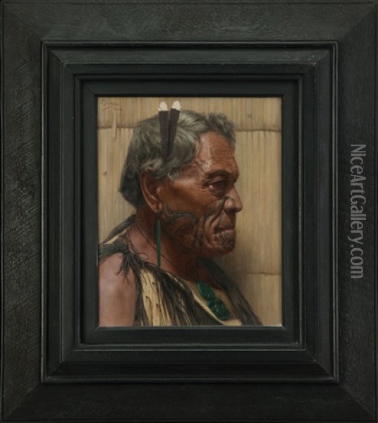 A Sturdy Stubborn Chief Pokai, A Warrior Chieftain Of The Ngati Maru Tribe Oil Painting - Charles Frederick Goldie