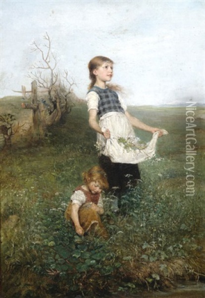 Zwei Junge Madchen Beim Blumenpflucken Oil Painting - Emil Keyser