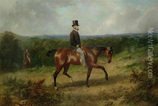 A Gentleman On A Bay Hunter In A Woodland Landscape Oil Painting - George Earl