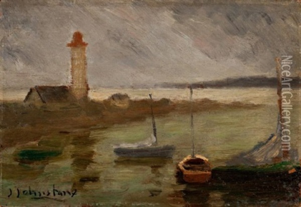 The Lighthouse At Harbour Entrance Oil Painting - John Young Johnstone