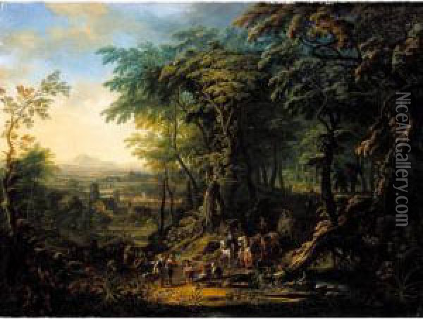Travellers On A Forest Road Overlooking A City, A Distant Landscape Beyond Oil Painting - Franz Christoph Janneck