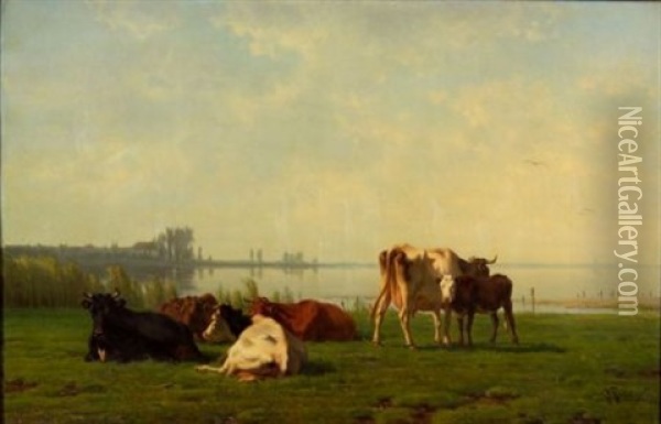 Pasture With Cattle By A Quiet Inlet Oil Painting - Pieter Stortenbeker